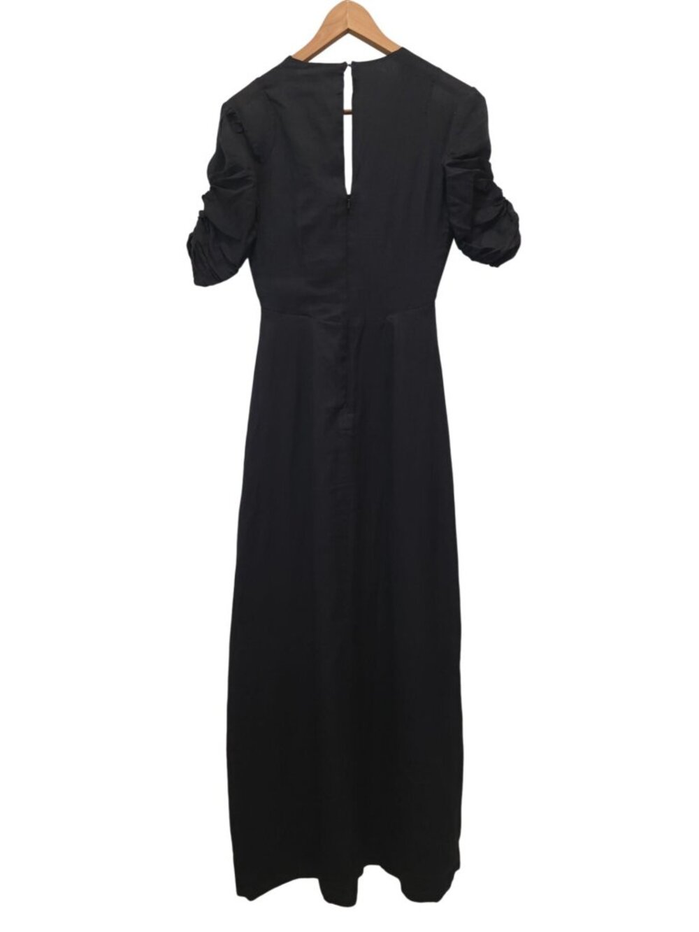 FRAME Shirred Sleeve 100% Ramie Black V-Neck 1/4 Sleeve Maxi Dress Sz XS - Picture 2 of 10